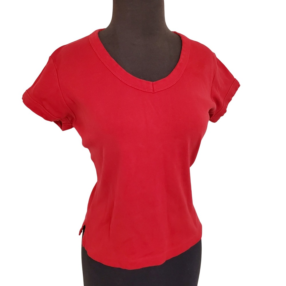 Y2K Vintage Mossimo Red Baby Tee V-Neck T-Shirt Juniors L 100% Cotton Short Slit